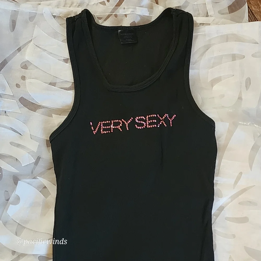 RARE! VICTORIA'S SECRET COTTON LOGO RIBBED TANK Embellished VERY SEXY OSFM BLACK